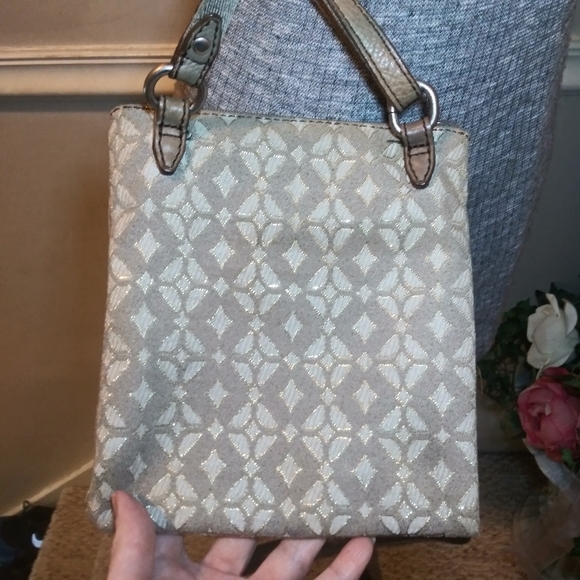 Fossil Leather Trimmed Taupe & Ivory Metallic Brocade Convertible Crossbody - Picture 9 of 15